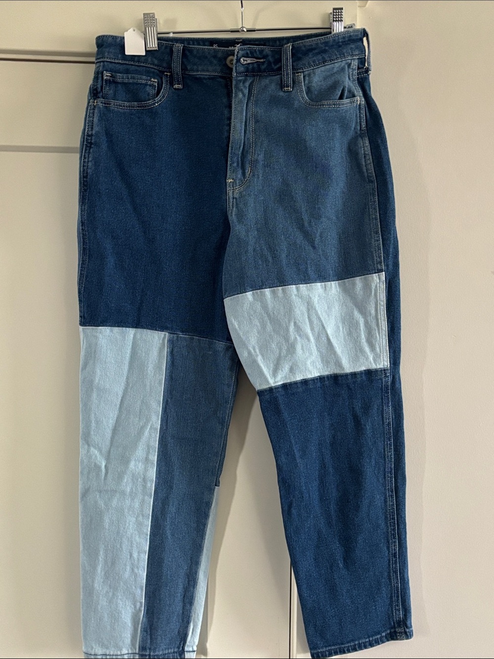 Hollister Men's Patchwork Denim Jeans in Mixed Blue Tones